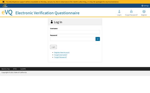 Log In - Electronic Verification Questionnaire (eVQ) System