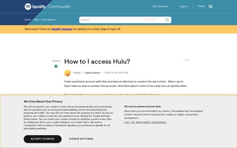 Solved: How to I access Hulu? - The Spotify Community