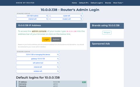 10.0.0.138 - Router's Admin Login - Know My Router