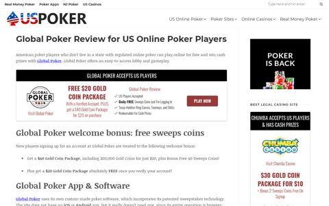Global Poker Review - $20 Gold Coin Package Free on Sign Up