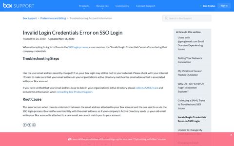 Invalid Login Credentials Error on SSO Login – Box Support