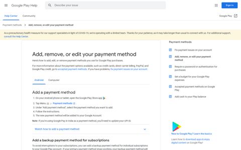Add, remove, or edit your payment method - Android - Google ...