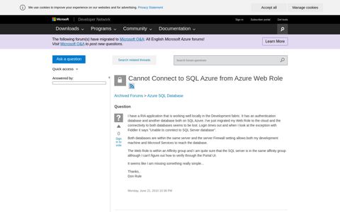 Cannot Connect to SQL Azure from Azure Web Role - MSDN