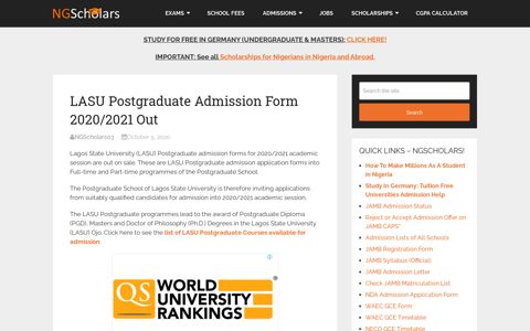 LASU Postgraduate Admission Form 2020/2021 Out
