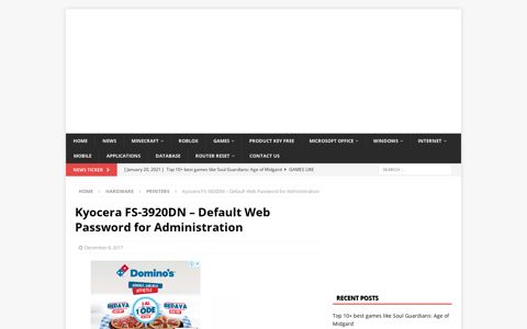 Kyocera FS-3920DN - Default Web Password for Administration