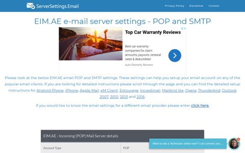 EIM.AE email server settings - POP and SMTP ...
