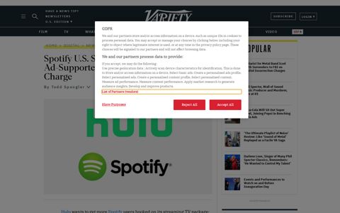Spotify Subscribers Will Get Hulu for No Extra Charge ... - Variety