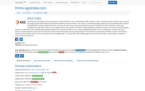 Hrms.agsindia.com | 243 days left - Site-Stats .ORG