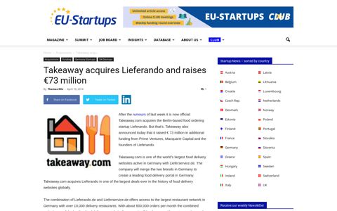 Takeaway acquires Lieferando and raises €73 million | EU ...