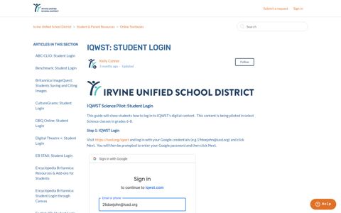 IQWST: Student Login – Irvine Unified School District