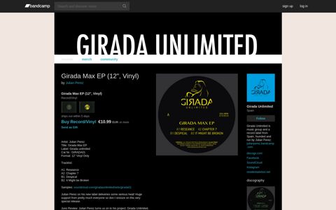 Girada Max EP (12", Vinyl) | Julian Perez | Girada Unlimited