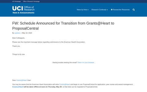 FW: Schedule Announced for Transition from Grants@Heart to ...