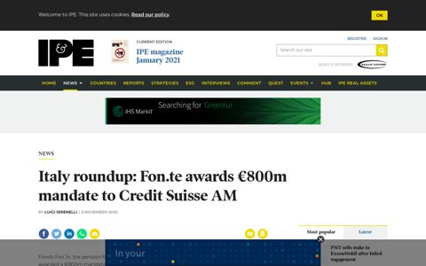Italy roundup: Fon.te awards €800m mandate to Credit Suisse ...