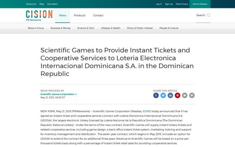 Scientific Games to Provide Instant Tickets and Cooperative ...