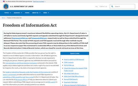 Freedom of Information Act | U.S. Department of Labor