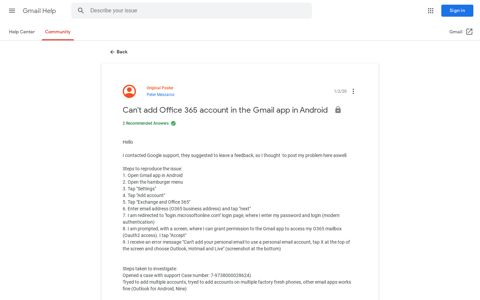 Can't add Office 365 account in the Gmail app in Android ...