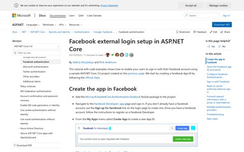 Facebook external login setup in ASP.NET Core | Microsoft Docs