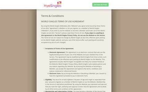 world singles terms of use agreement - HyeSingles.com