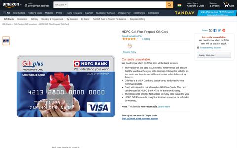 HDFC Gift Plus Prepaid Gift Card - 15000: Amazon.in: Gift Cards