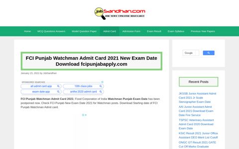 FCI Punjab Watchman Admit Card 2020 New Exam Date ...