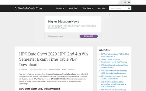 HPU Date Sheet 2020, HPU 2nd 4th 6th Semester Exam Time ...