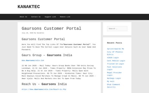 Gaursons Customer Portal | Kanaktec - Login Portal Web Directory