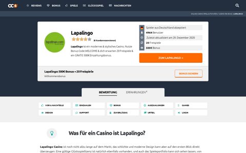 Lapalingo ▷ Bonus bis zu 500€ + 20 Freispiele | Lapalingo
