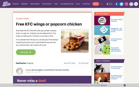 Free KFC wings or popcorn chicken - Save the Student