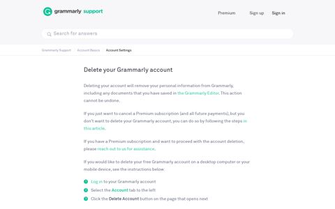Delete your Grammarly account – Grammarly Support