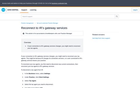Reconnect to IR's gateway services - Xero Central