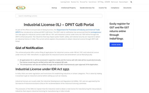 Industrial License (IL) - DPIIT G2B Portal - IndiaFilings