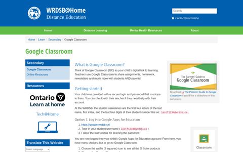Google Classroom (WRDSB@Home) - School Year Information