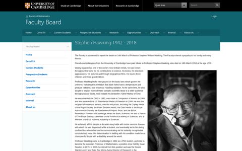 Stephen Hawking 1942 - Faculty of Mathematics - University ...