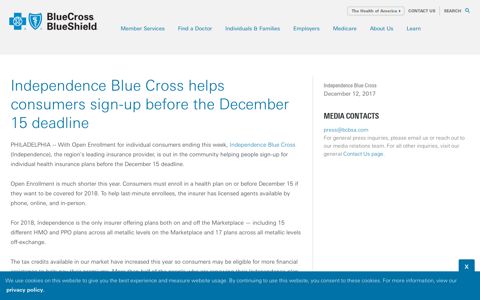 Independence Blue Cross helps consumers sign-up before ...