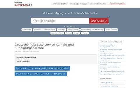 Deutsche Post Leserservice Kontakt und Kündigungsadresse