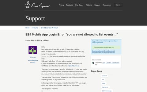 EE4 Mobile App Login Error "you are not allowed to list events ...