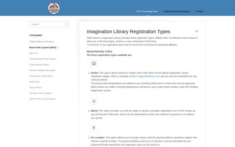 Imagination Library Registration Types - Customer Service
