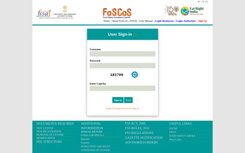 User Sign-in - FoSCoS - fssai