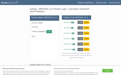 Linksys - WRT54GL v1.0 Default Login and Password