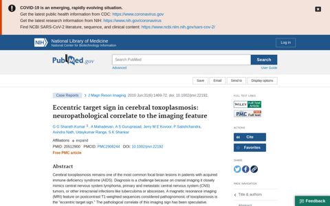 Eccentric target sign in cerebral toxoplasmosis ... - PubMed