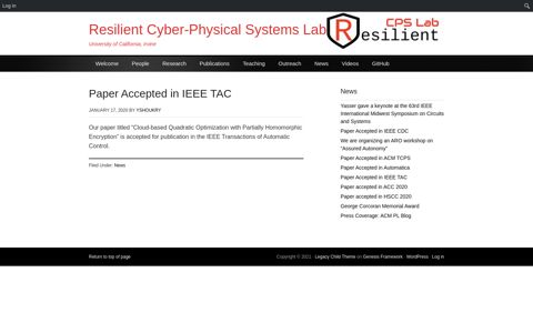 Paper Accepted in IEEE TAC | Resilient Cyber-Physical ...