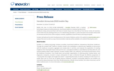 Inovalon Announces 2018 Investor Day | Inovalon