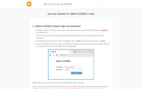 10.0.0.2 - Telkom 5100DSL Router login and password