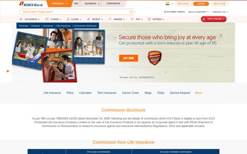 Life Insurance Commission Disclosure - ICICI Bank