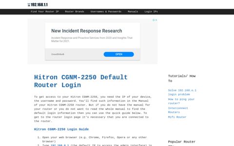 Hitron CGNM-2250 Default Router Login - 192.168.1.1