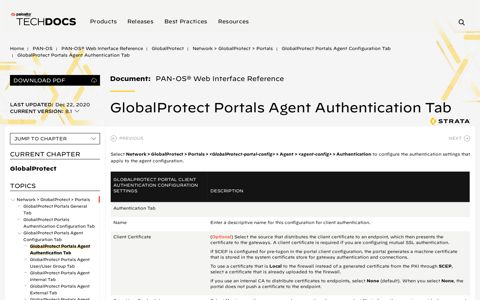GlobalProtect Portals Agent Authentication Tab