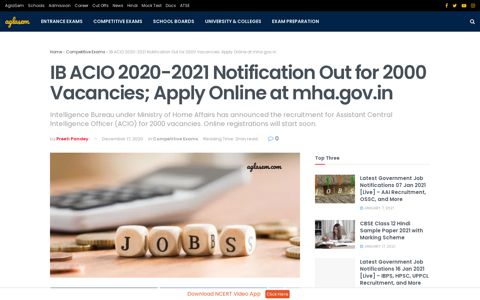 IB ACIO 2020-2021 Notification Out for 2000 Vacancies; Apply ...