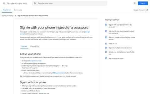 Sign in with your phone instead of a password - Google Support