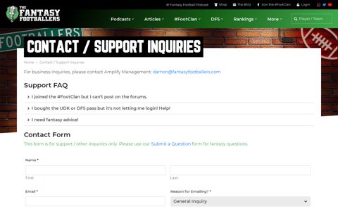 Contact / Support Inquiries - Fantasy Footballers Podcast
