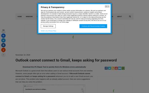 Outlook cannot connect to Gmail, keeps asking for password
